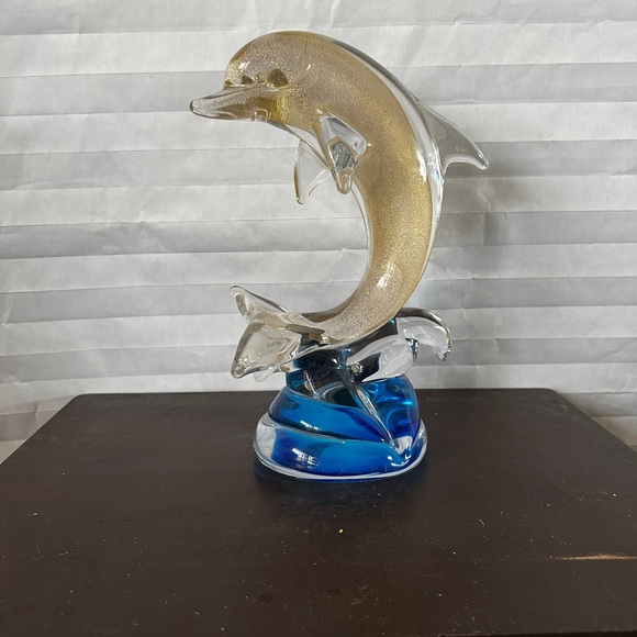 Murano Other - Elegant Murano Italian Glass Dolphin Sculpture with Gold and Blue Accents
